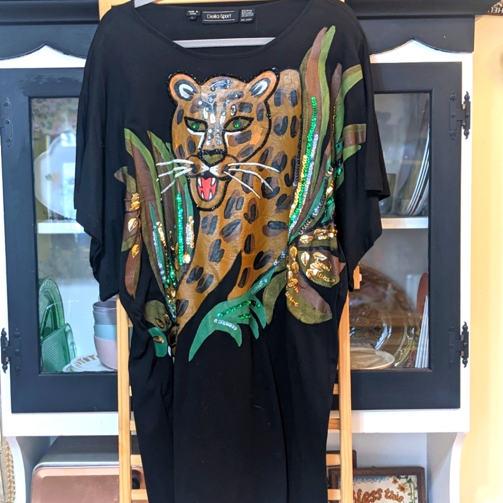 Vintage Black Tshirt dress with hand painted, bedazzled cheetah/foliage